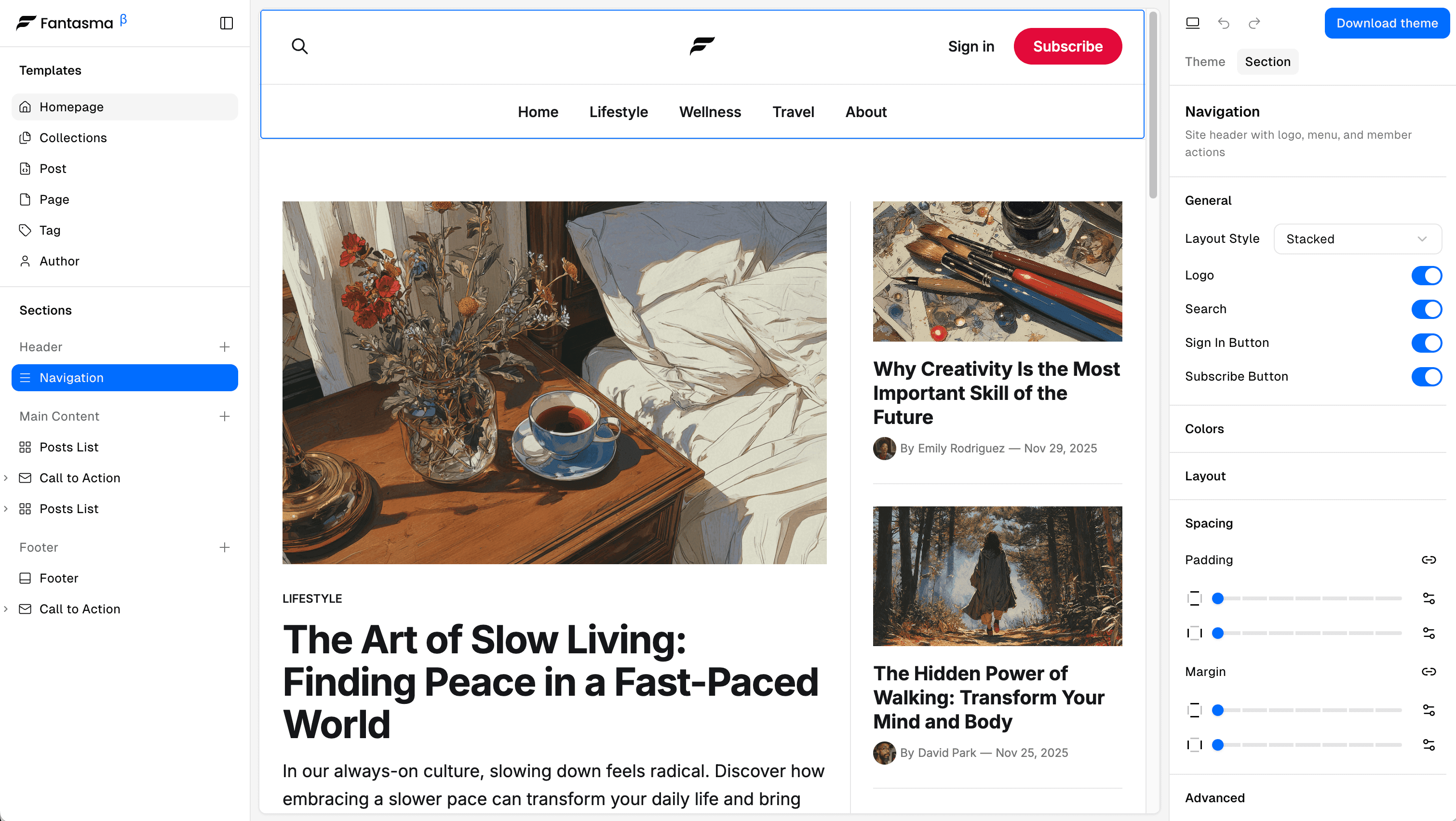 Fantasma visual theme builder interface showing the drag-and-drop editor